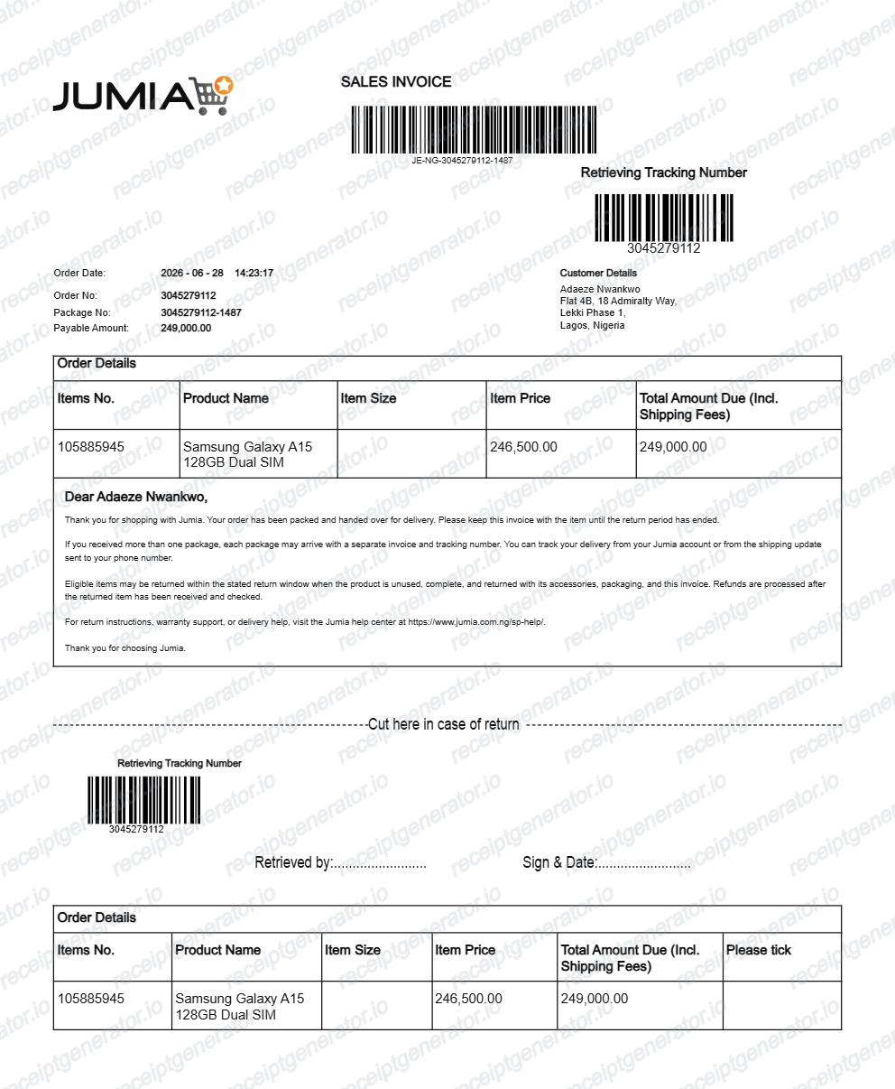 Jumia Invoice - Preview of the template design