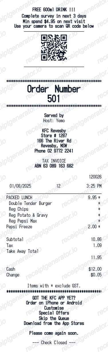 Kfc Receipt Australia preview
