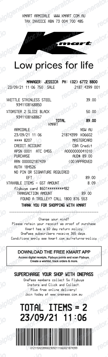 Kmart Receipt Australia - Preview of the template design