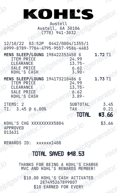 Kohl's Receipt - Preview of the template design