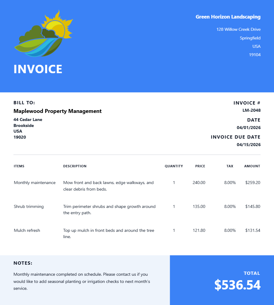 Landscaping Monthly Maintenance Receipt - Preview of the template design