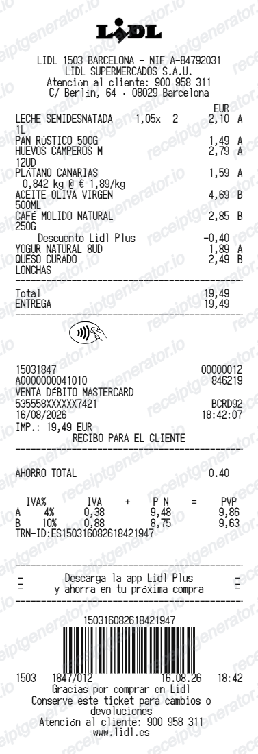 Lidl Spain receipt