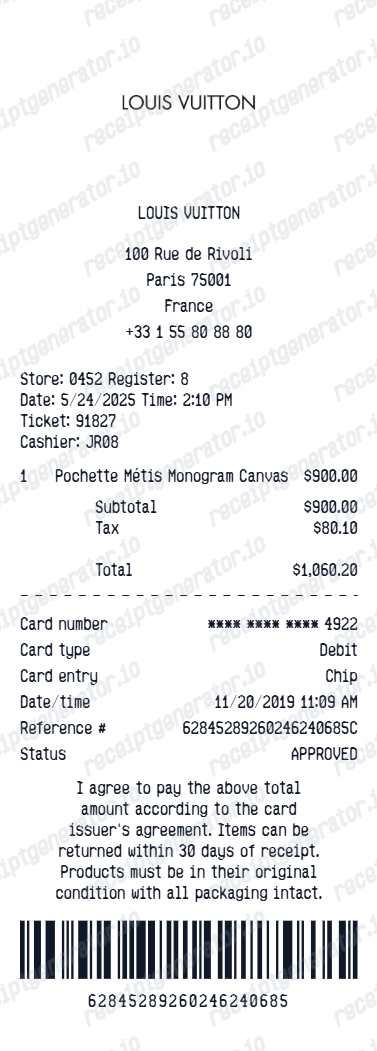 Louis Vuitton Receipt - Preview of the template design