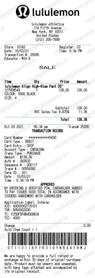 Lululemon Receipt - Preview of the template design