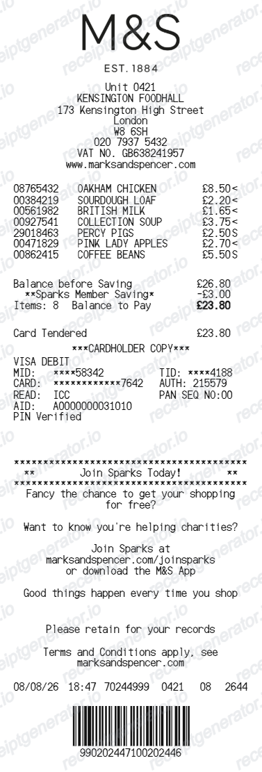 Marks & Spencer receipt