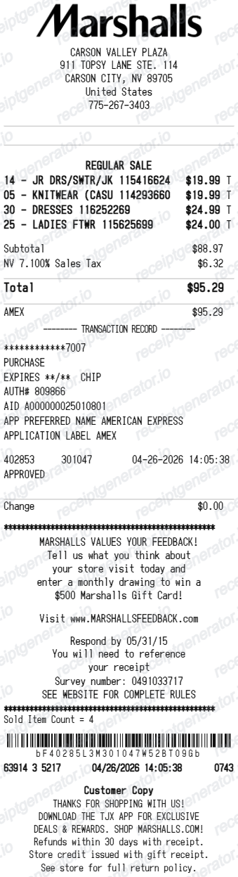 Marshalls Receipt - Preview of the template design