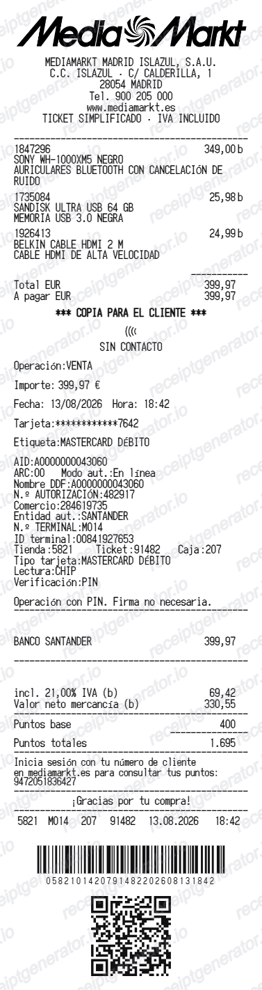 Media Markt Receipt Spain - Preview of the template design