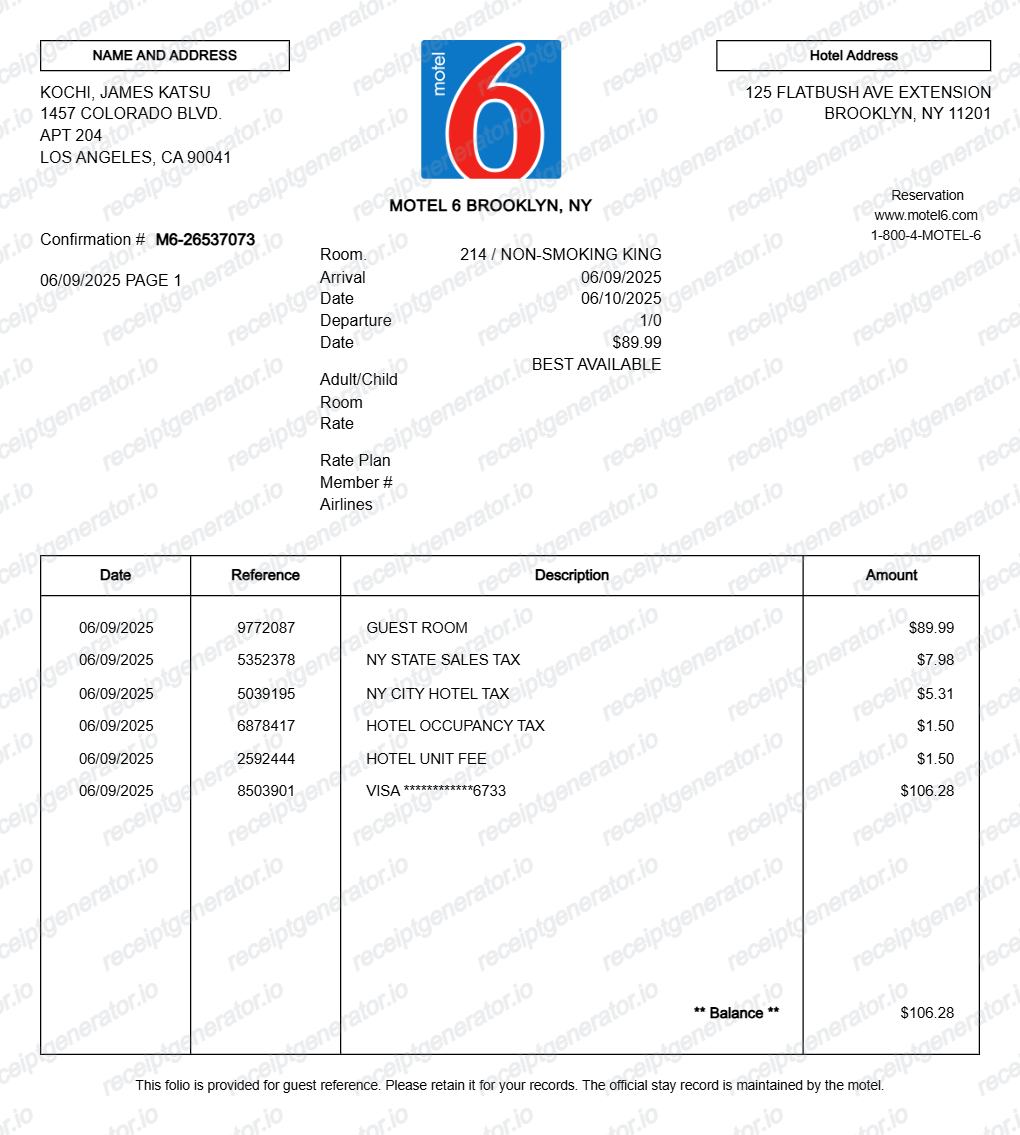 Motel 6 Receipt - Preview of the template design