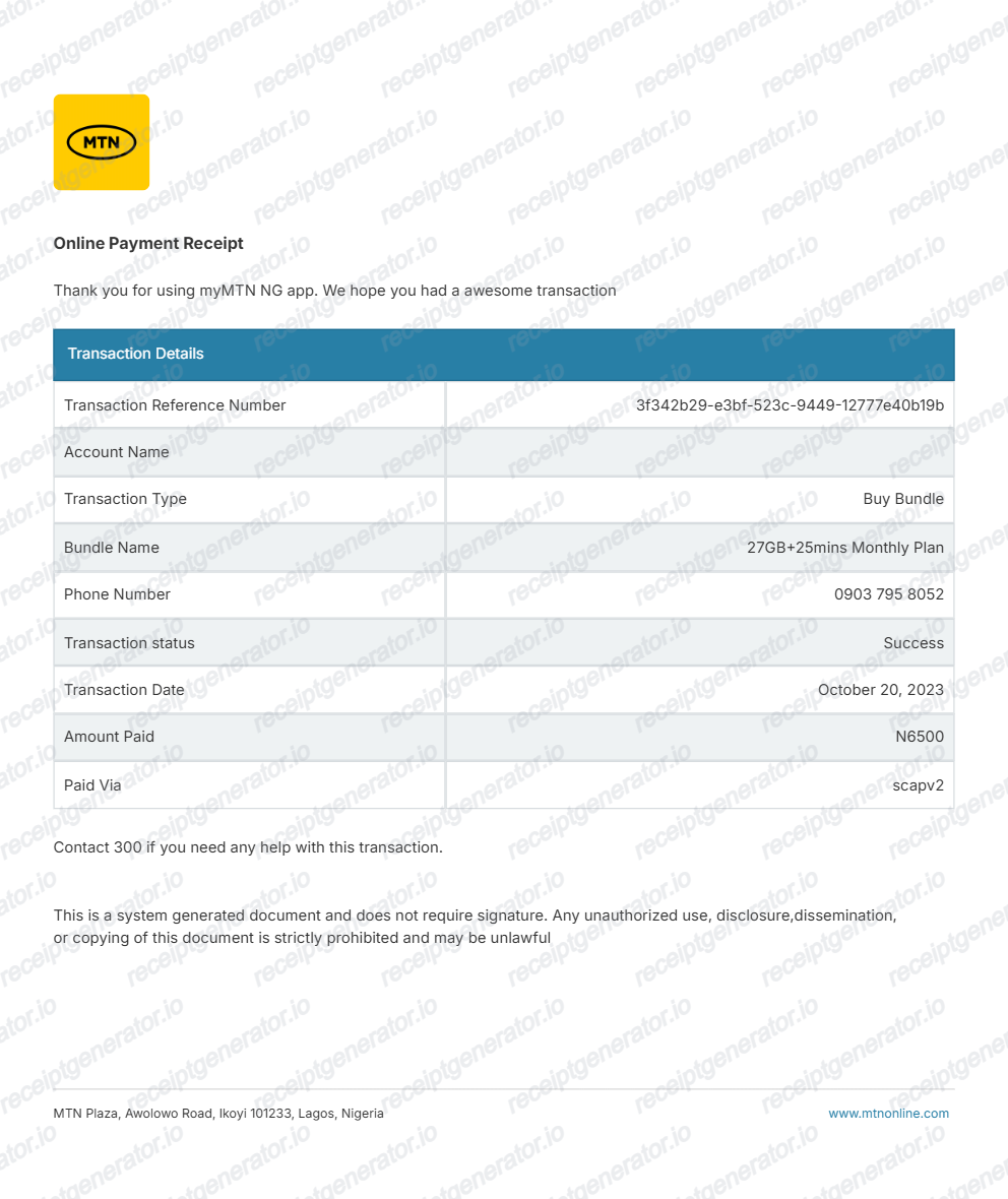 Mtn Nigeria Receipt - Preview of the template design