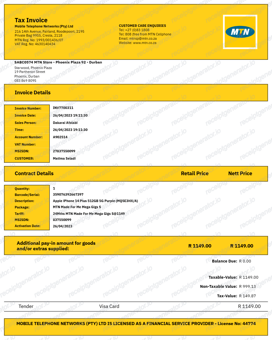 Mtn Receipt - Preview of the template design