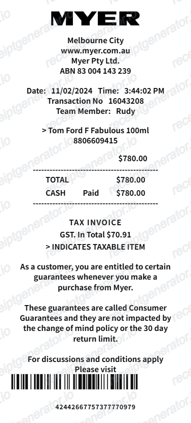 Myer Receipt - Preview of the template design