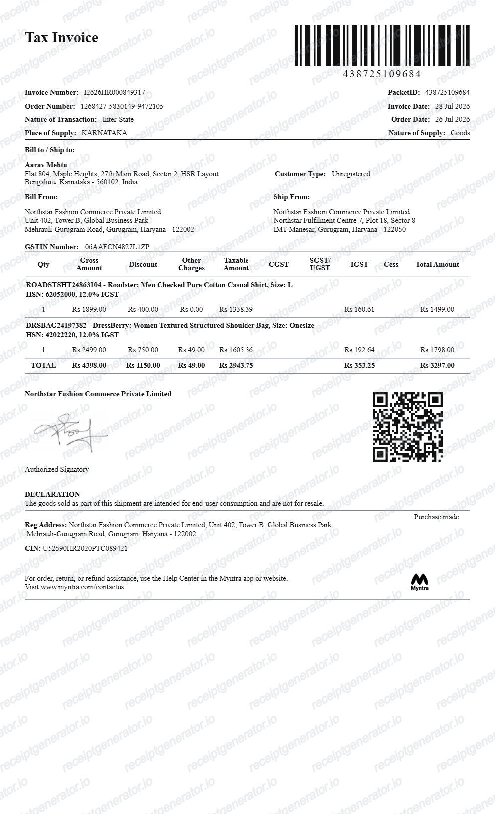 Myntra Invoice - Preview of the template design