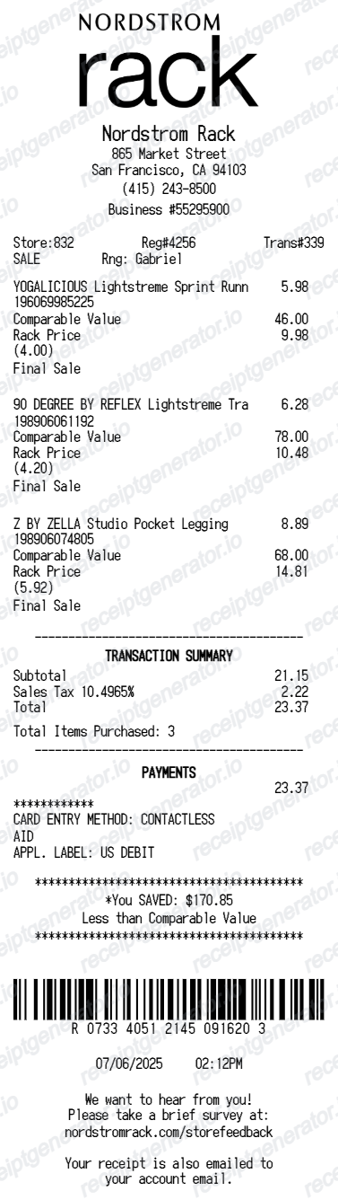 Nordstrom Rack Receipt - Preview of the template design