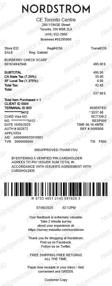 Nordstrom Receipt - Preview of the template design