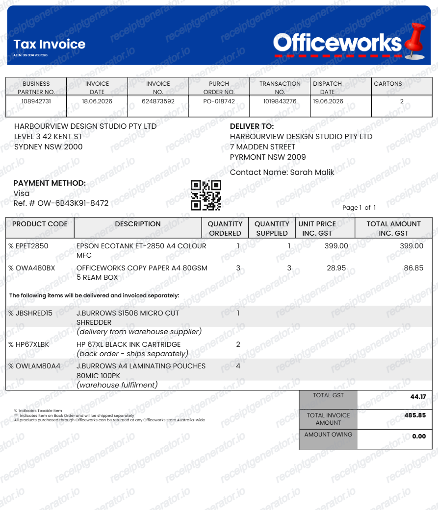 Officeworks Receipt - Preview of the template design