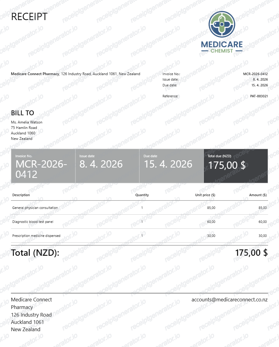 Official Medical Treatment Receipt - Preview of the template design