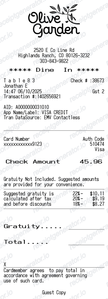 Olive Garden Receipt preview