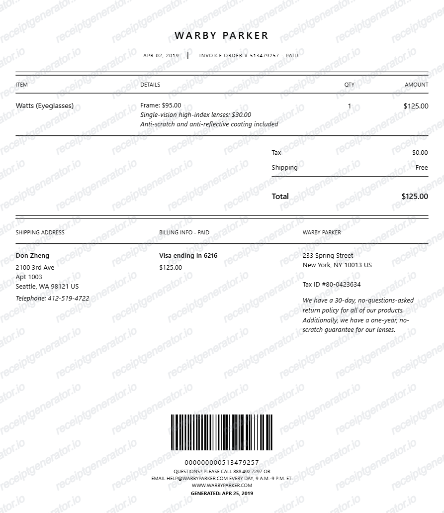 Optical Eyewear Prescription Receipt - Preview of the template design