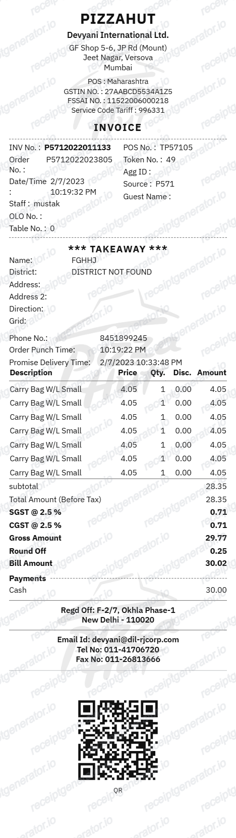 Pizza Hut Receipt preview
