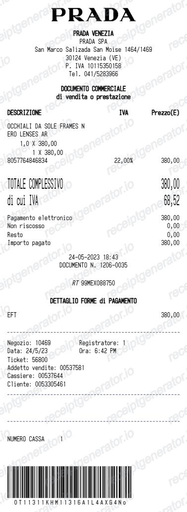 Prada Receipt - Preview of the template design