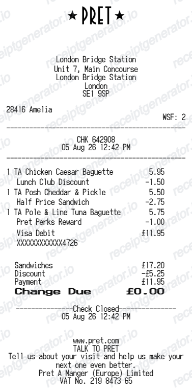 Pret A Manger Receipt preview