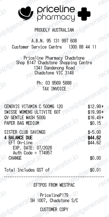 Priceline Receipt Australia - Preview of the template design