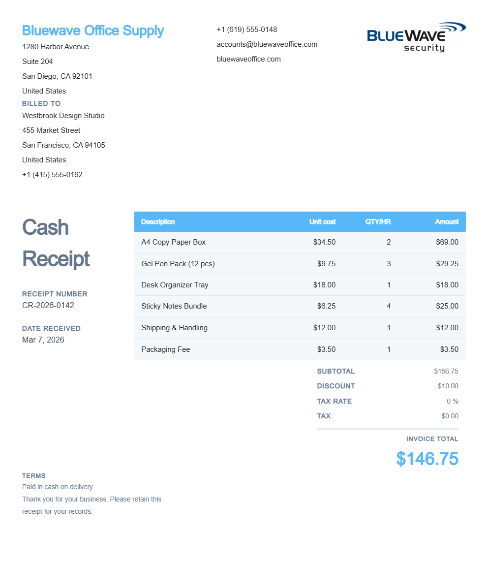 Printable Cash Receipt - Preview of the template design