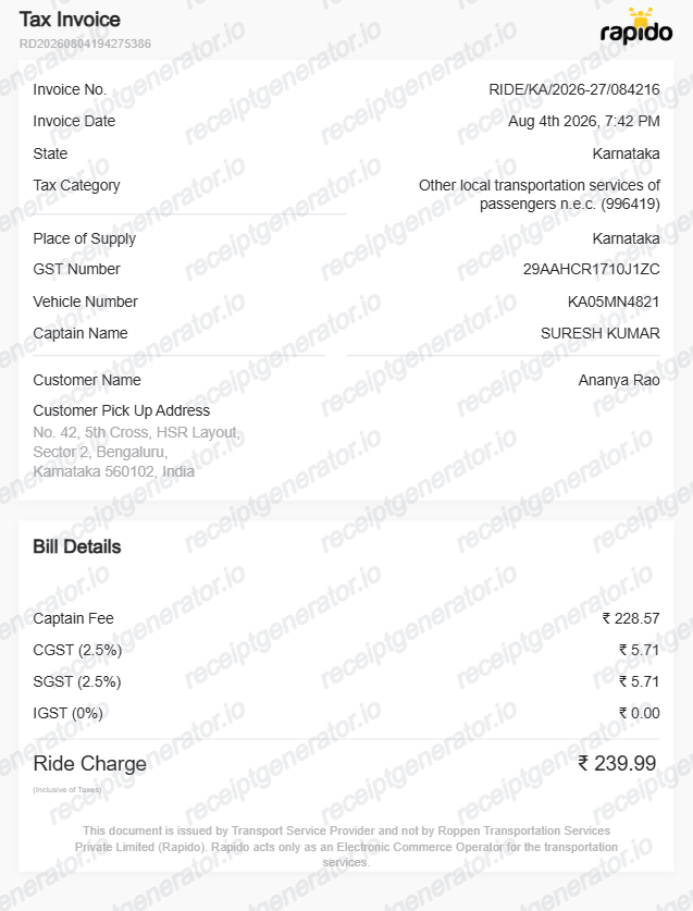 Rapido Receipt