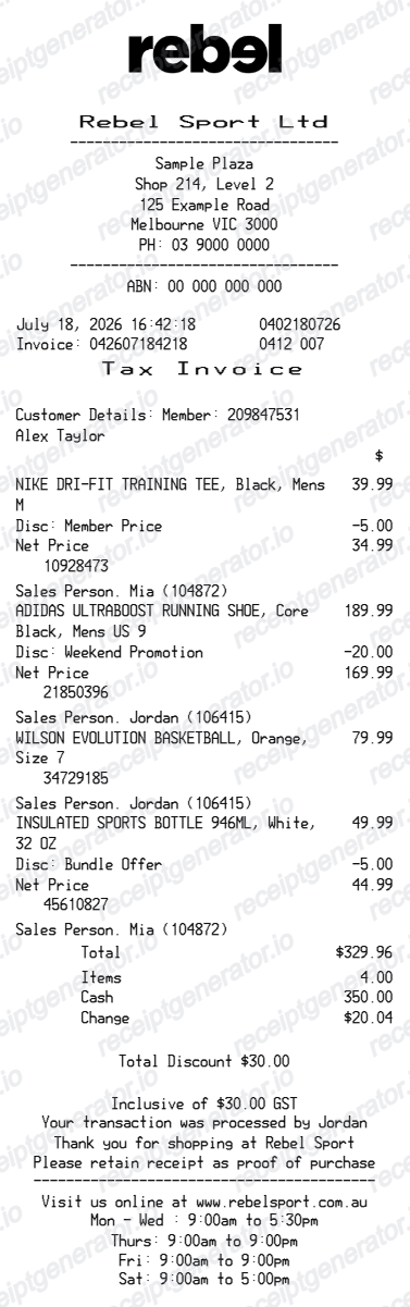 Rebel Sport Receipt Australia - Preview of the template design