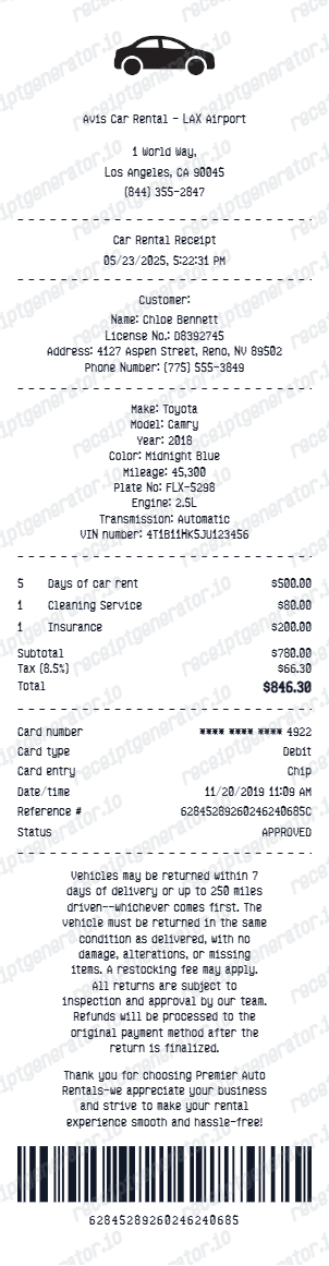 Rental Car Receipt