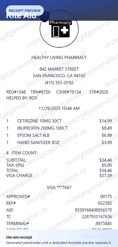 Rite Aid Receipt - Preview of the template design