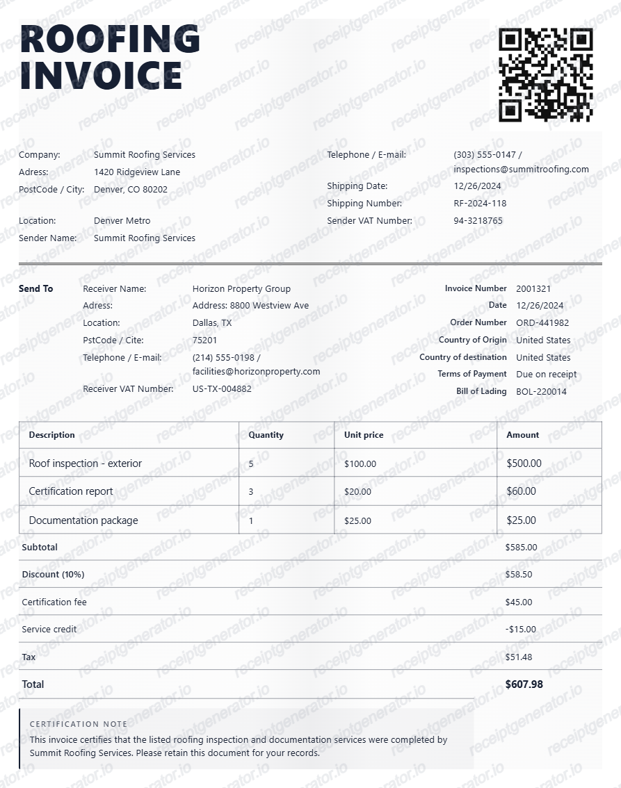Roofing Inspection Certification Bill - Preview of the template design