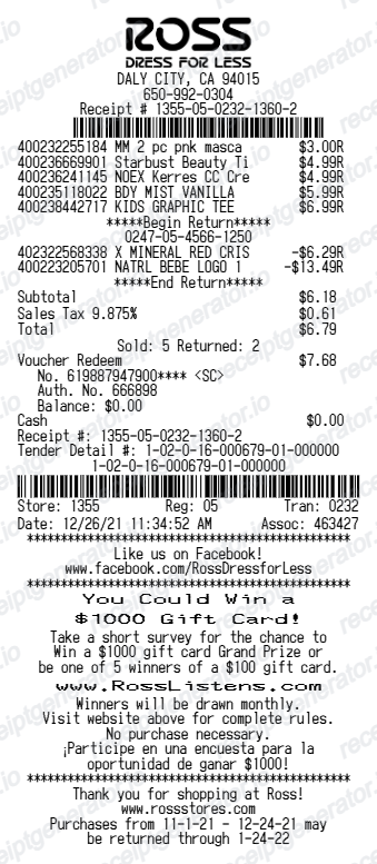 Ross Receipt - Preview of the template design