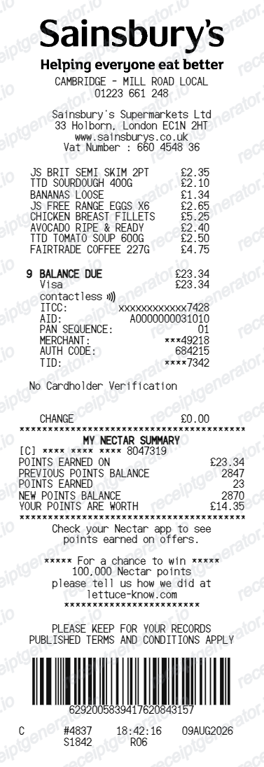 Sainsbury's receipt
