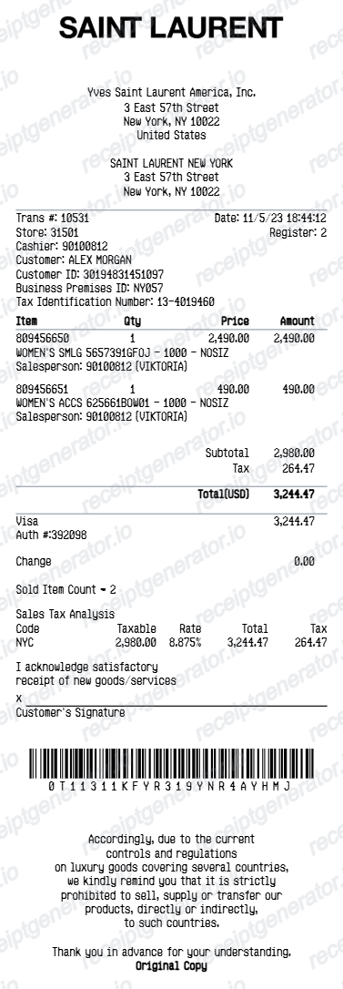 Saint Laurent Receipt - Preview of the template design