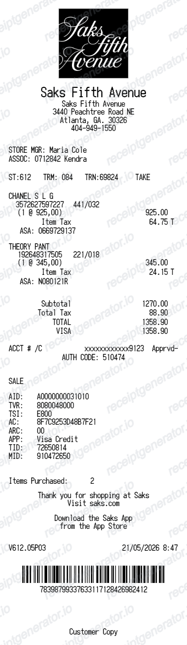 Saks Fifth Avenue Receipt - Preview of the template design