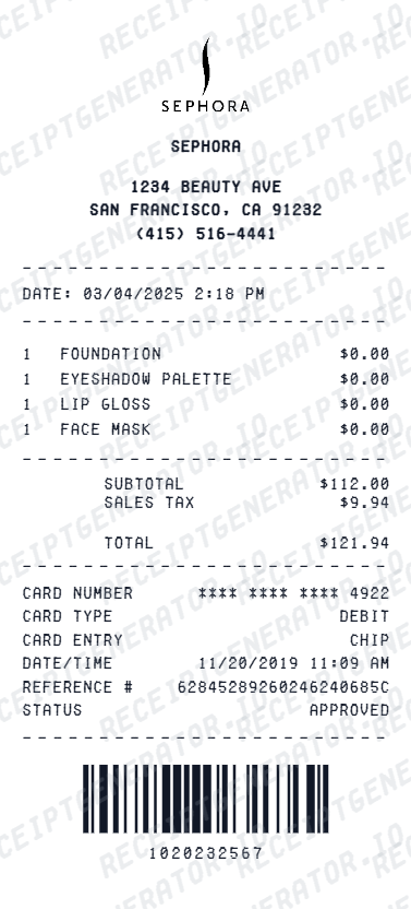 Sephora Receipt - Preview of the template design