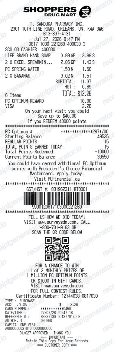 Shoppers Drug Mart Itemized Receipt - Preview of the template design