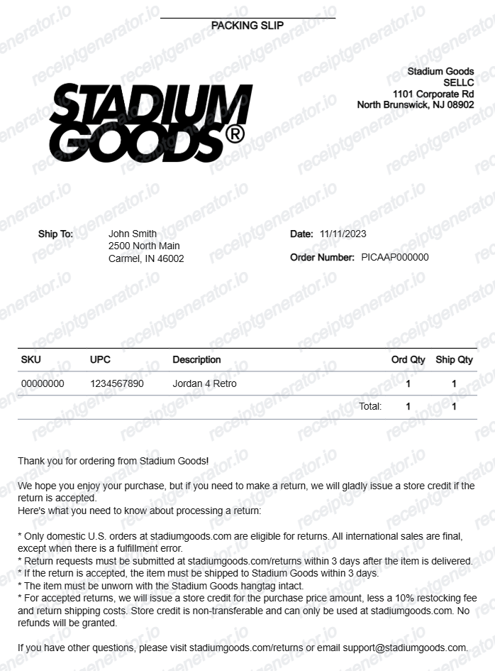 Stadium Goods Receipt - Preview of the template design