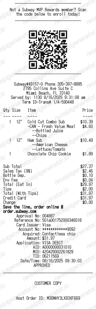 Subway Receipt preview