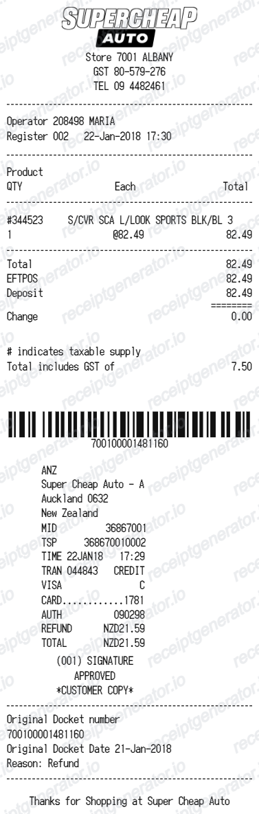 Supercheap Auto Receipt - Preview of the template design