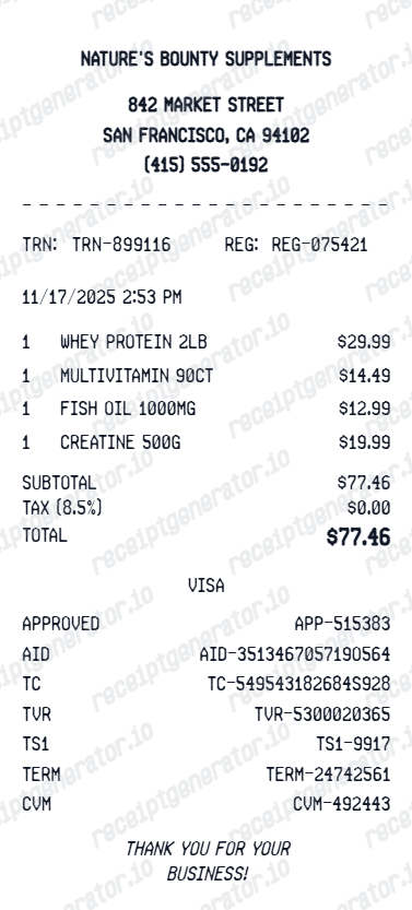 Supplement Receipt - Preview of the template design