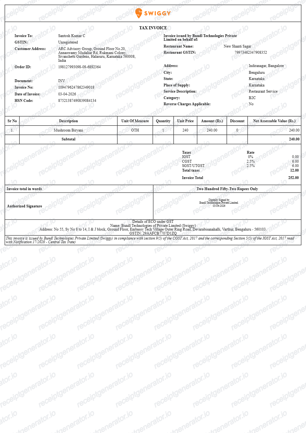 Swiggy Receipt preview