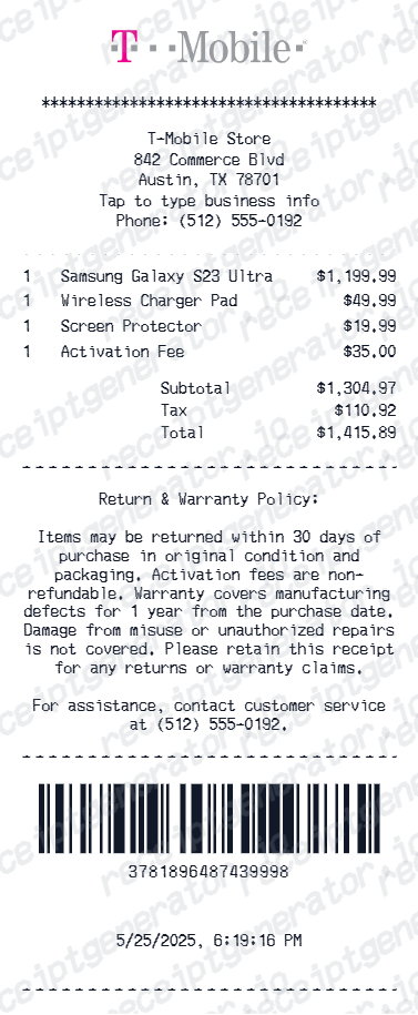 T-Mobile Receipt - Preview of the template design