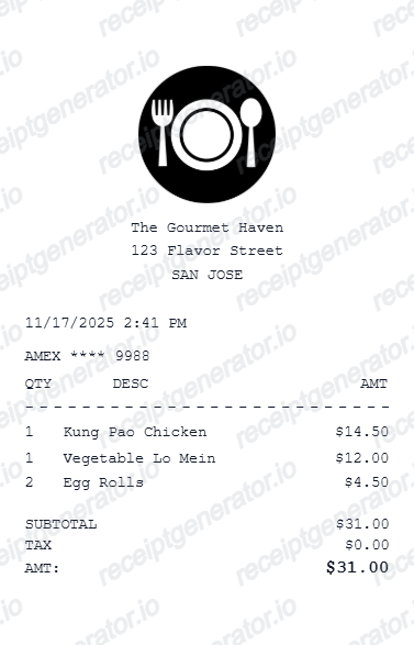 Takeout Receipt preview