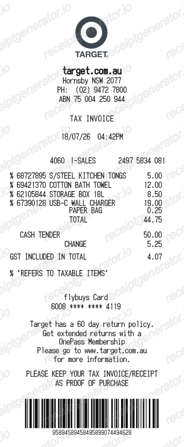 Target Receipt Australia - Preview of the template design