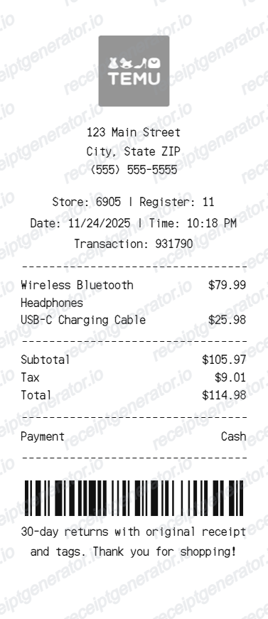 Temu Receipt - Preview of the template design