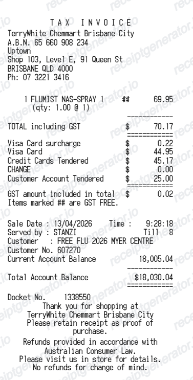 Terry White Chemist Receipt - Preview of the template design