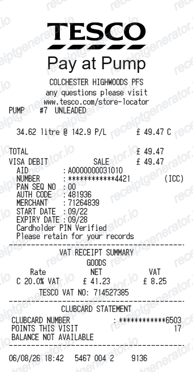 Tesco Fuel Receipt - Preview of the template design