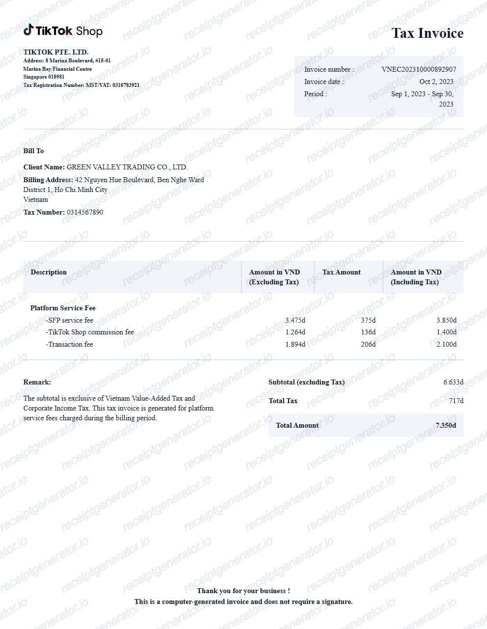 Tiktok Shop Receipt - Preview of the template design